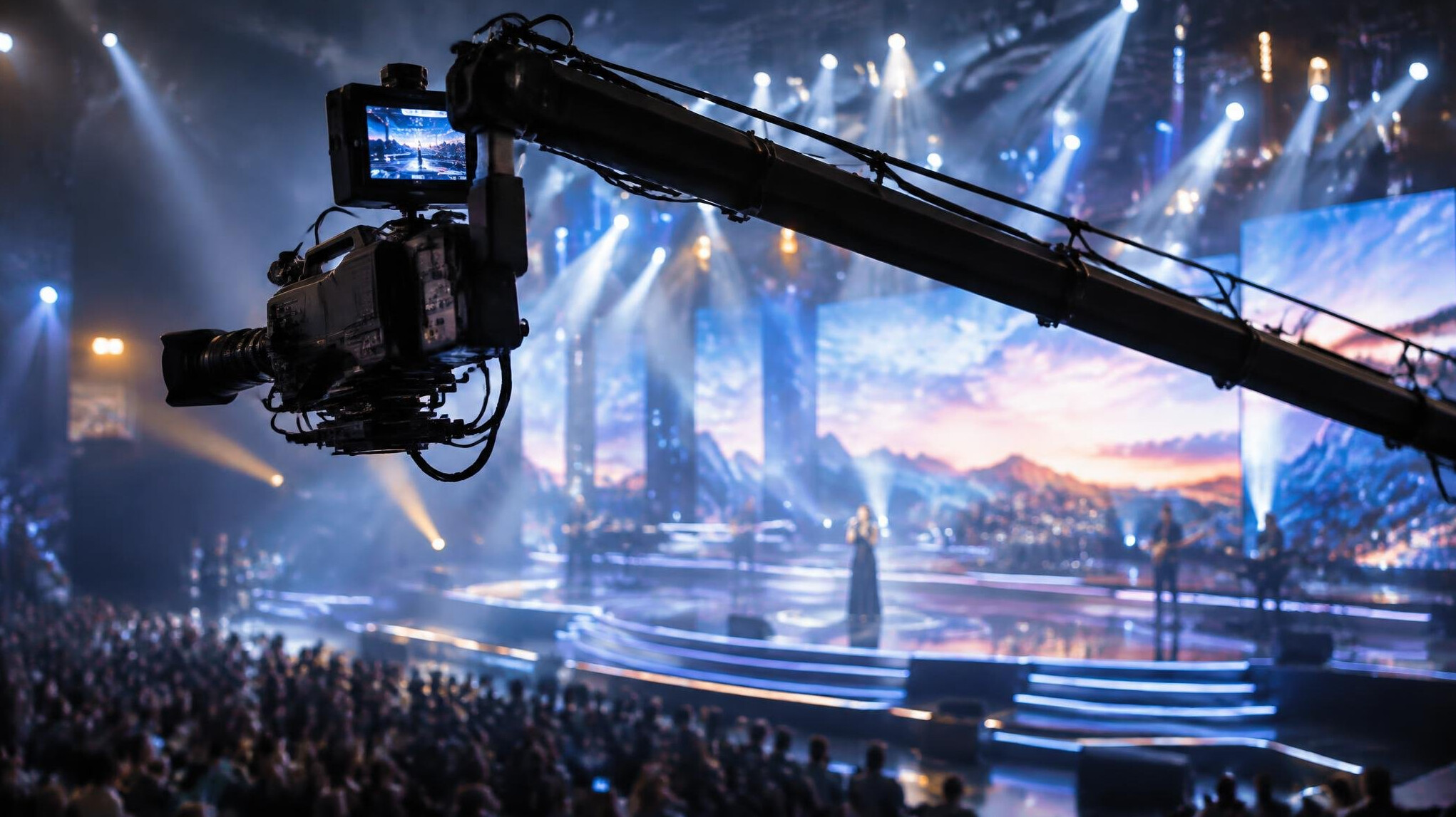 Studio camera on a jib crane arm above a stage