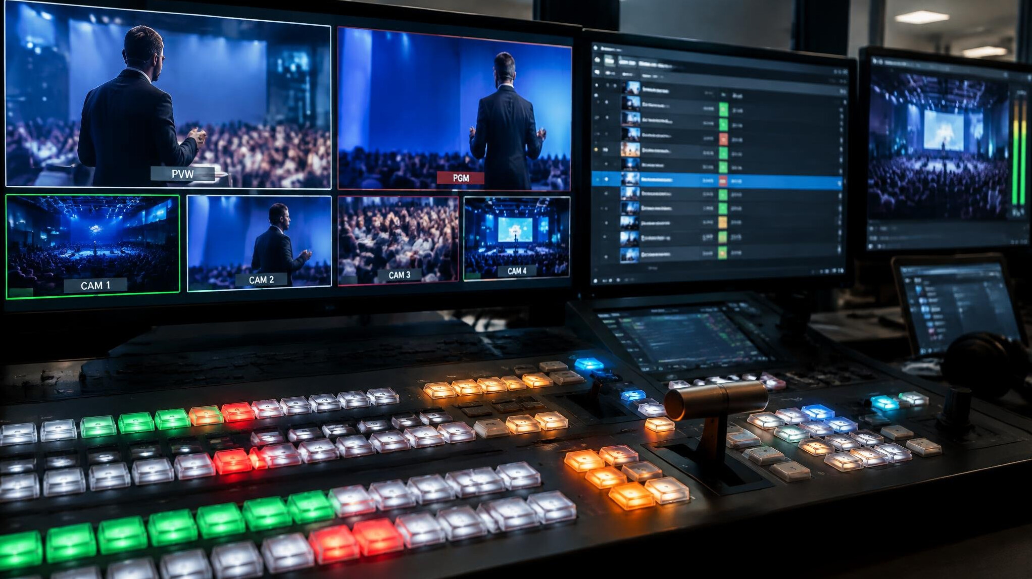 Video switcher panel and monitors for live broadcast workflow