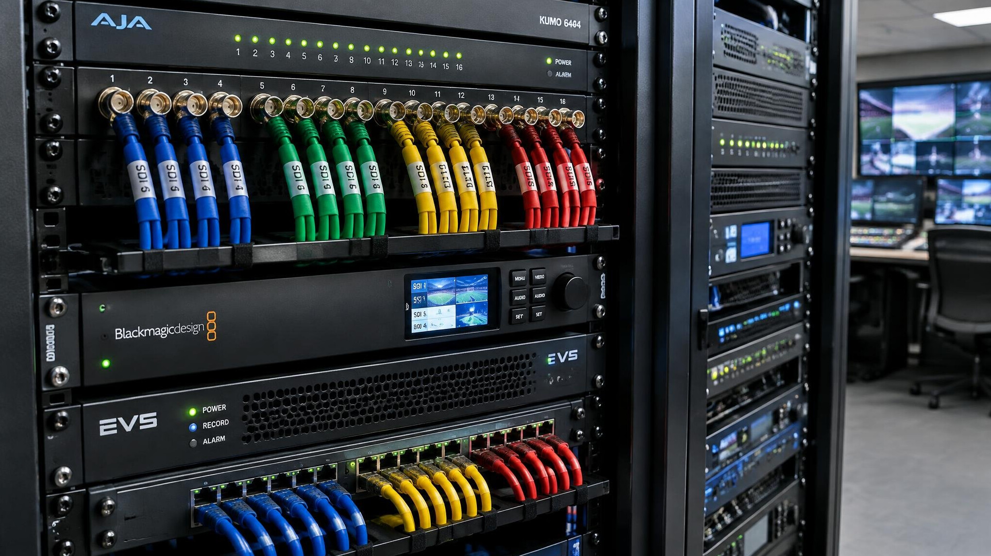 Rack of broadcast equipment with neatly labeled cables