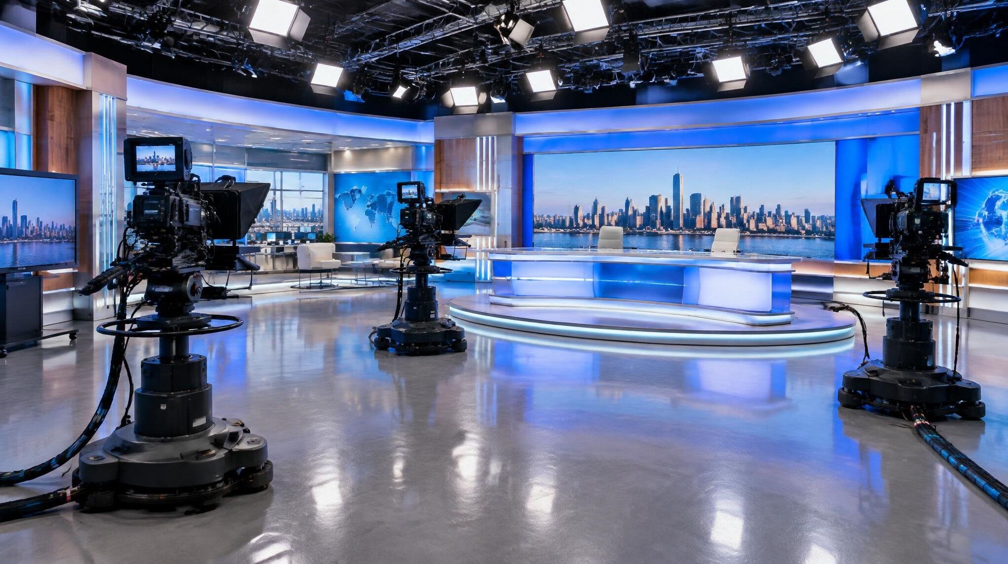 Wide shot of a spacious modern television studio floor