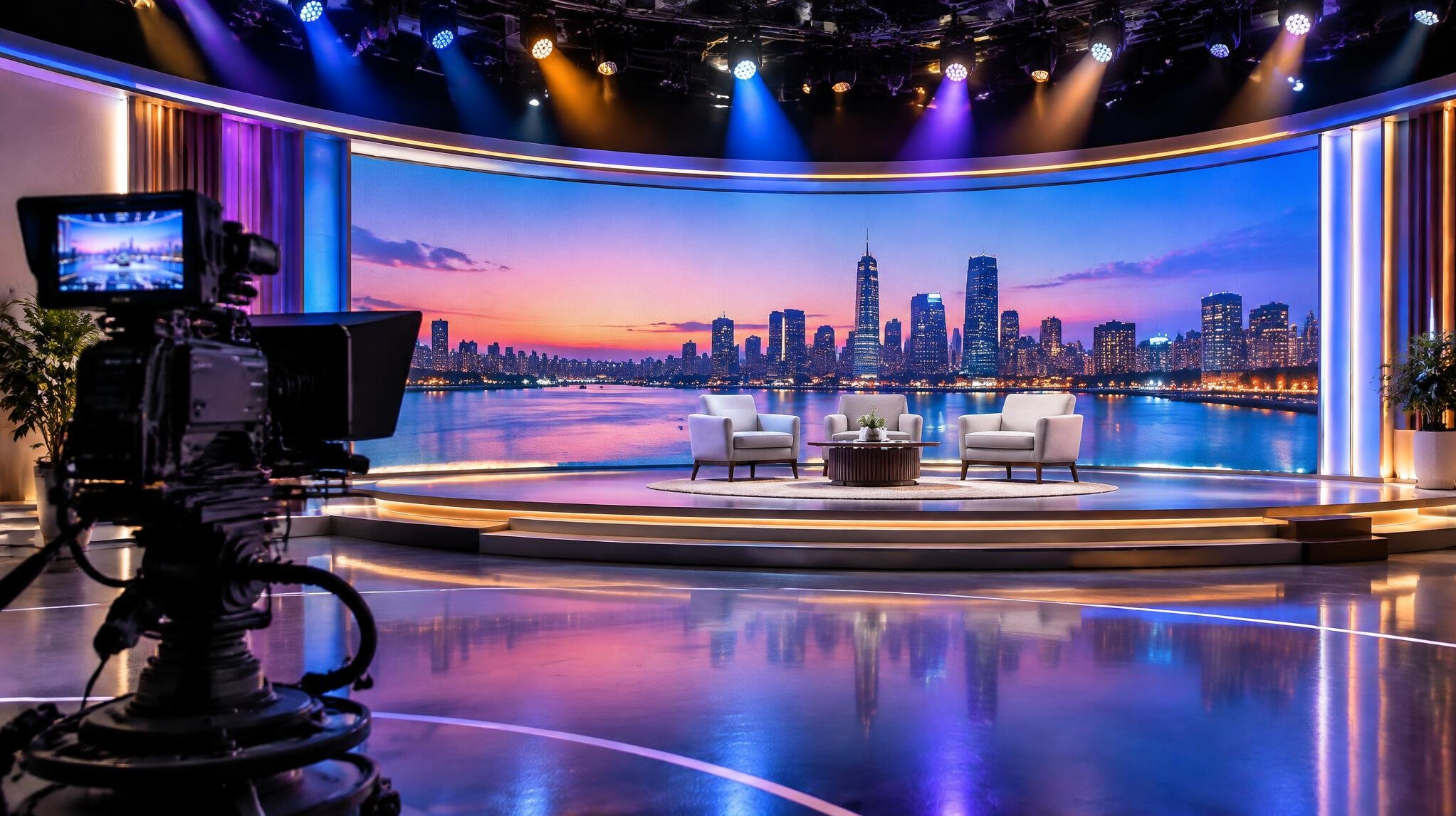 Live show stage with colorful lights and a studio camera