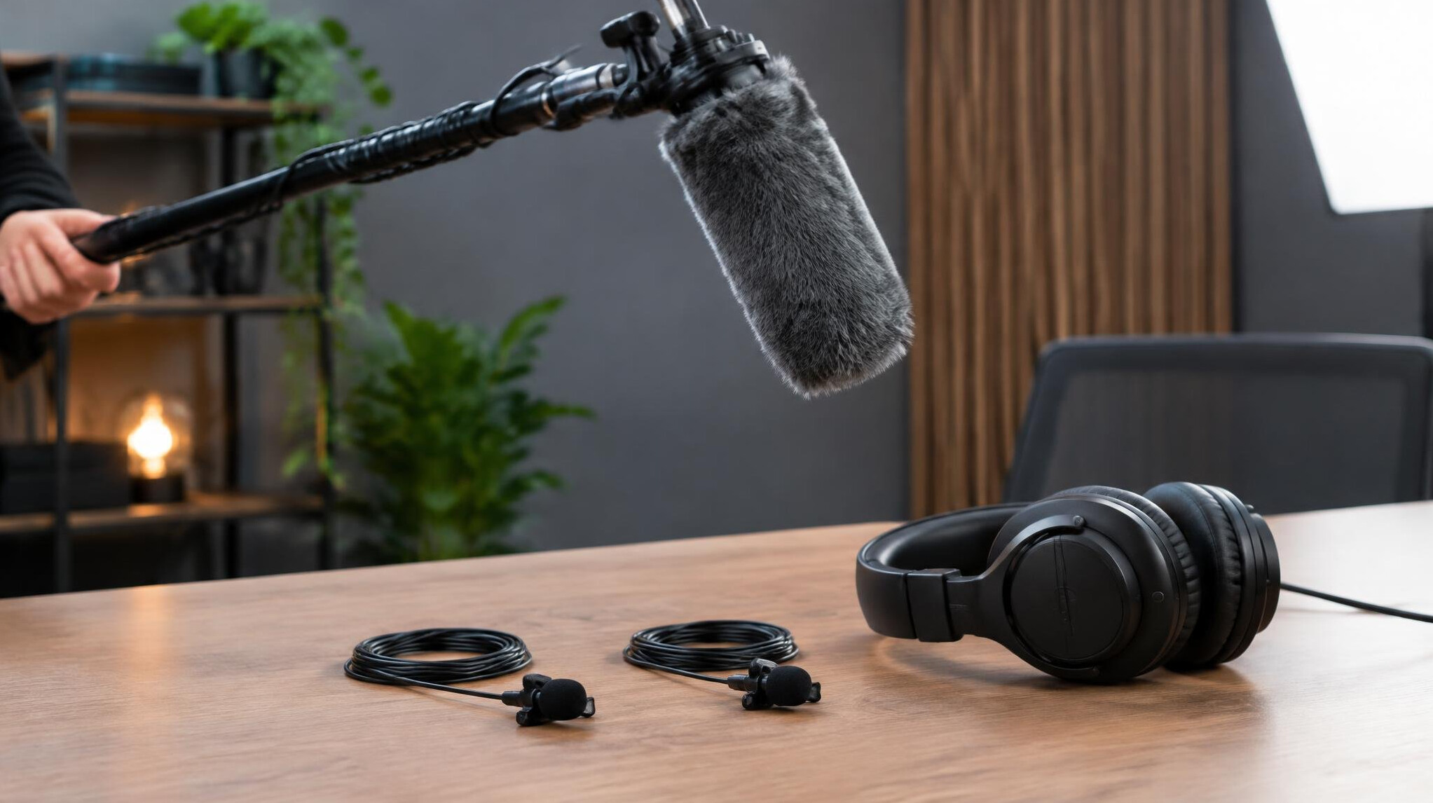 Boom microphone and lavalier microphones on a studio table