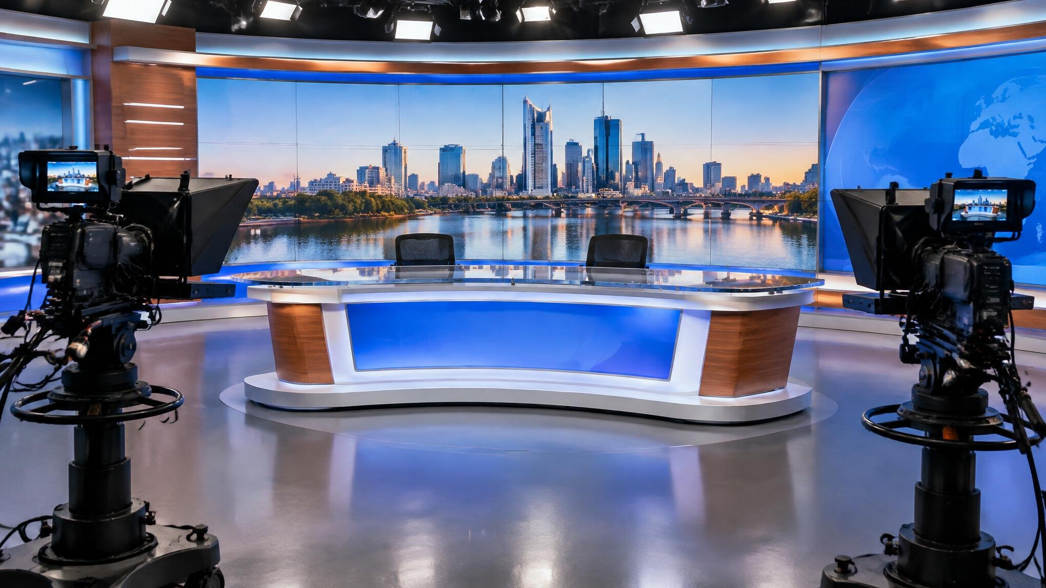 Television news studio set with anchor desk and cameras