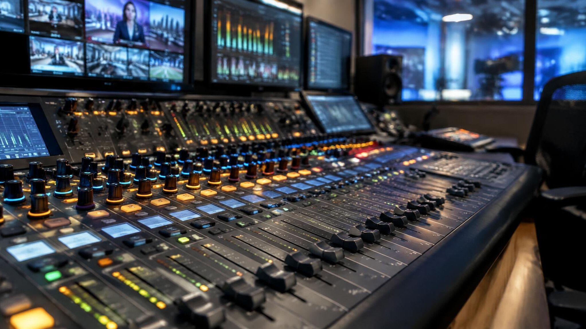 Professional audio mixing console with faders in a broadcast studio