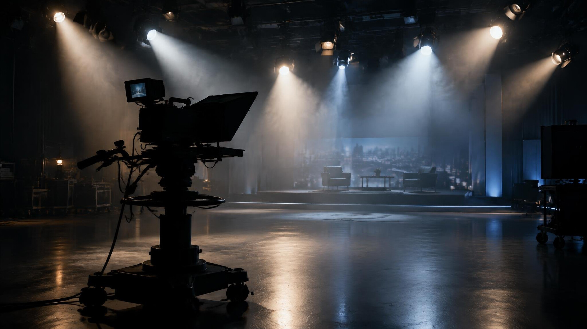 Dark television studio with bright overhead lights and a camera silhouette