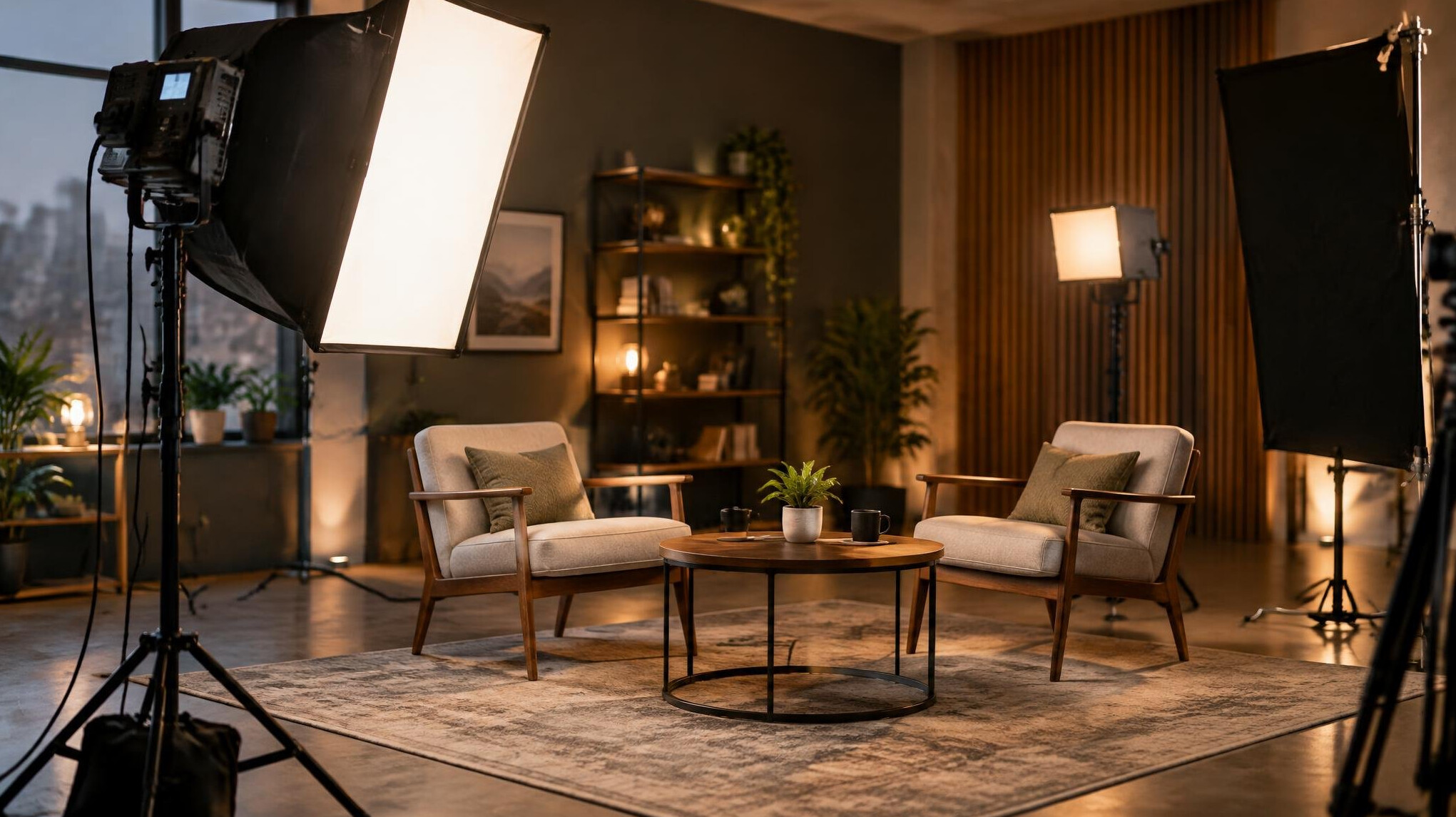 Softbox and LED key light on a studio stand lighting a set