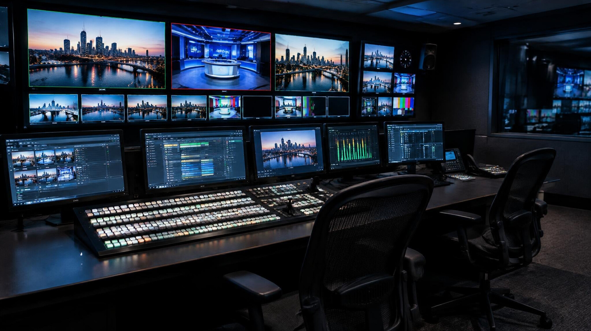 Broadcast control room with multiple monitors and a video switcher