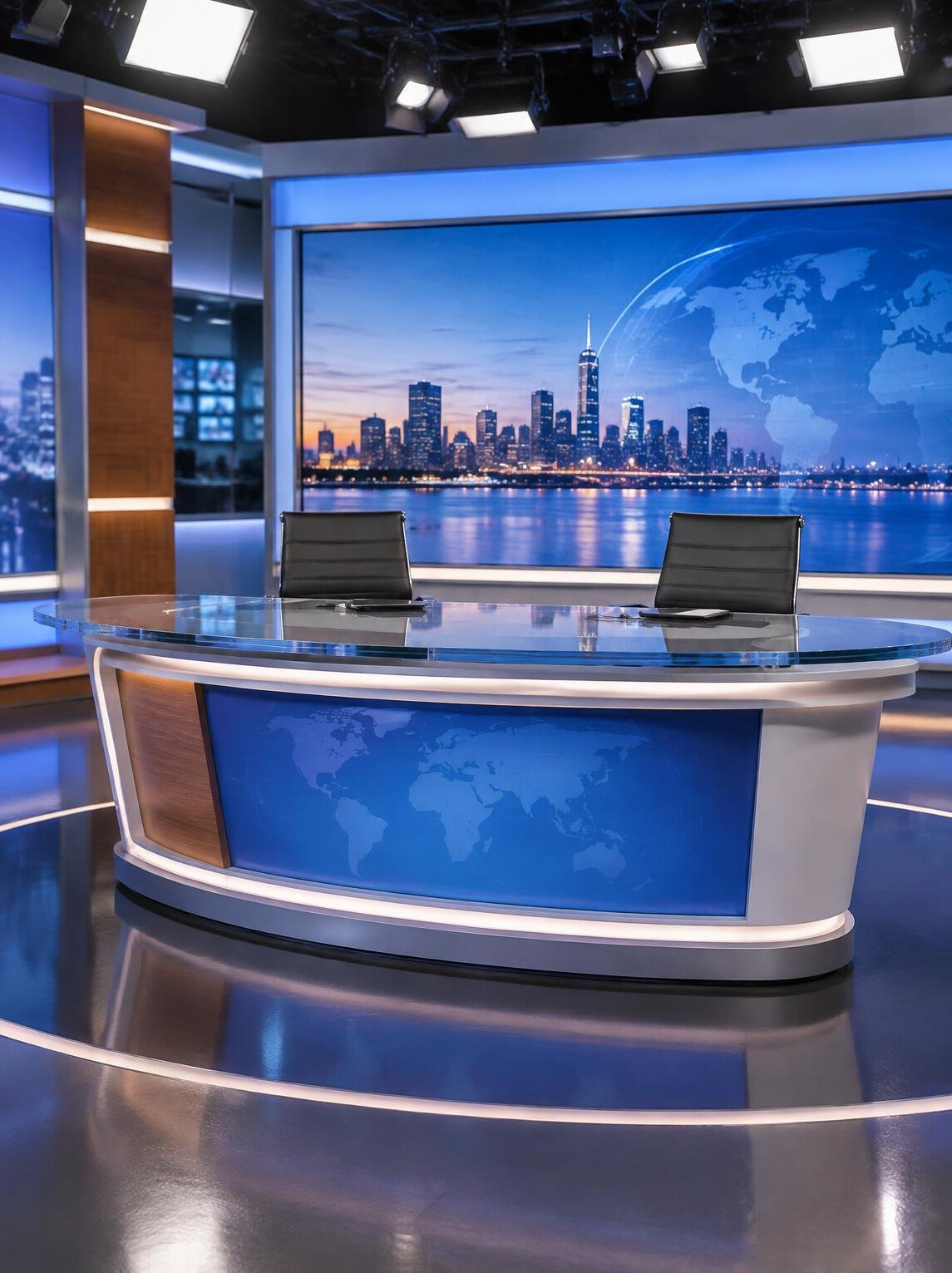 Empty news anchor desk in a modern TV studio with soft lighting